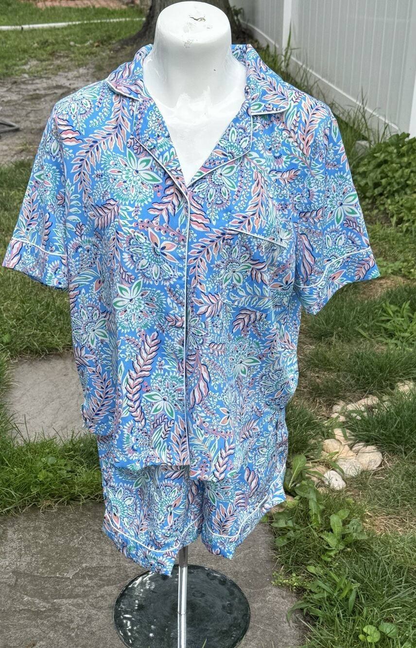 Tommy Bahama Blue Pink Floral Cotton Button Pajama Set M Women Short Sleeve